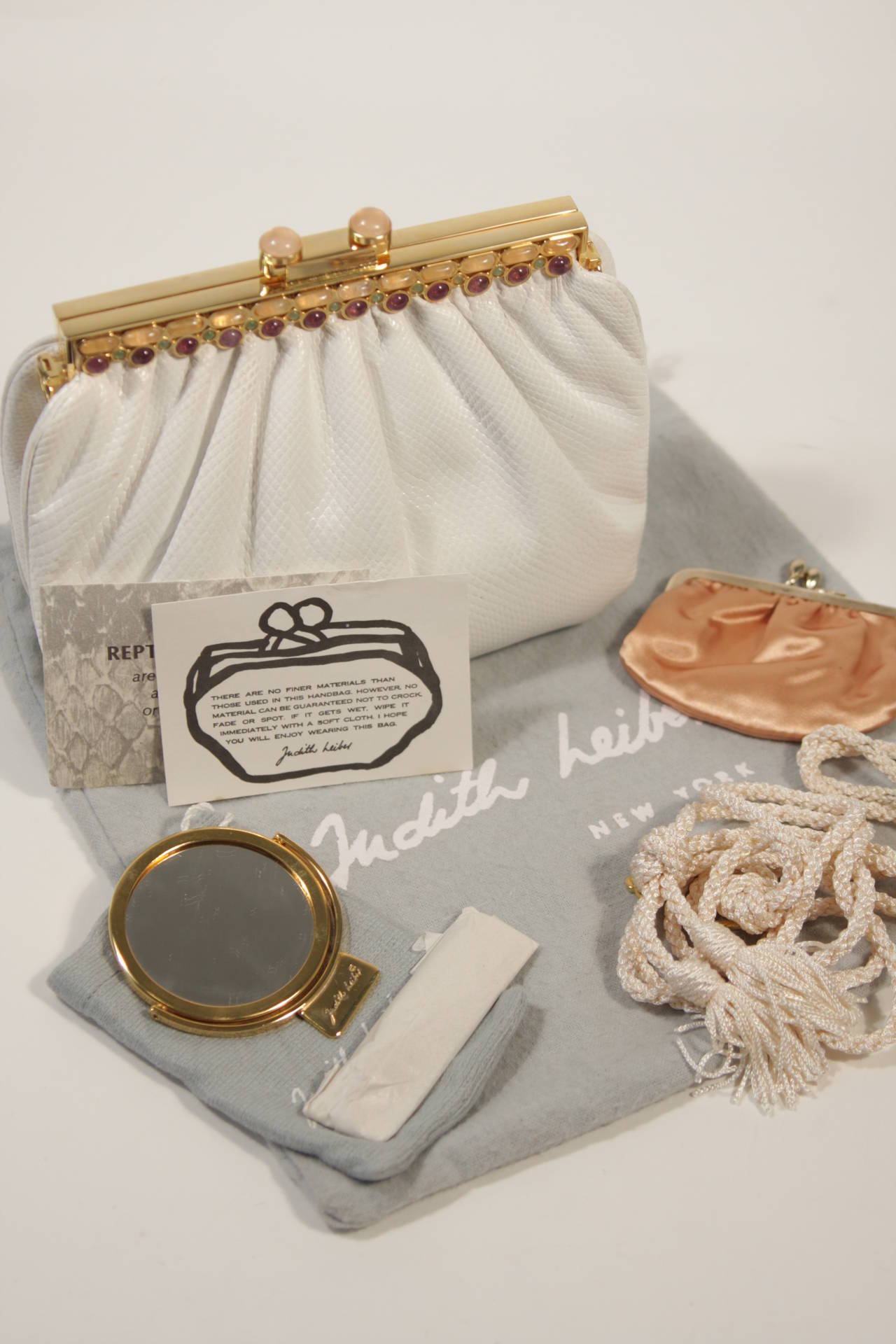 Judith Leiber Gathered White Lizard Purse with Multi-Stone Gold Frame 6