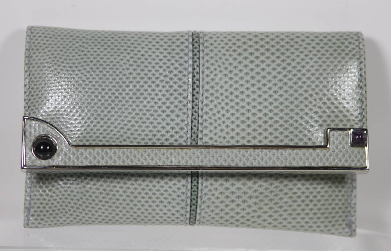 Judith Leiber Light Greyish Blue Lizard Wallet and Key Holder In New Condition In Los Angeles, CA