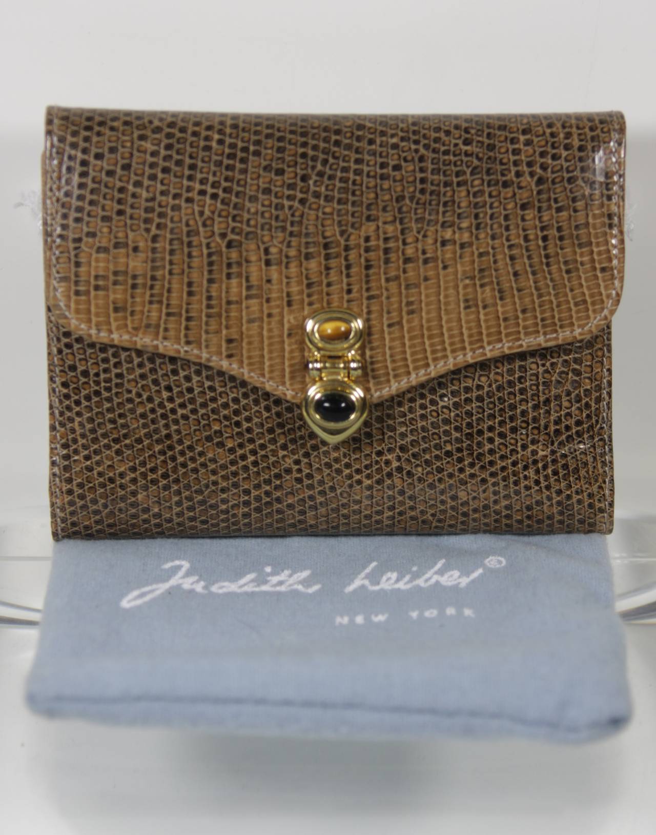 Judith Leiber Brown Lizard Skin Wallet with Gold Clasp 4