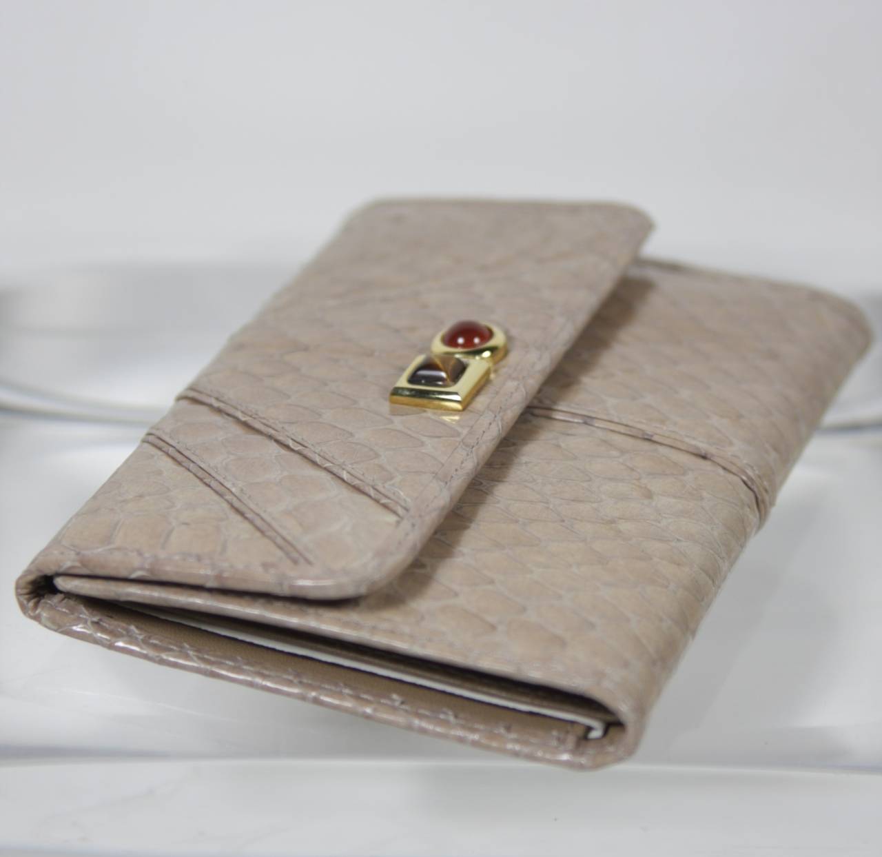 Judith Leiber Nude Snakeskin Wallet with Gold Hardware In Excellent Condition In Los Angeles, CA