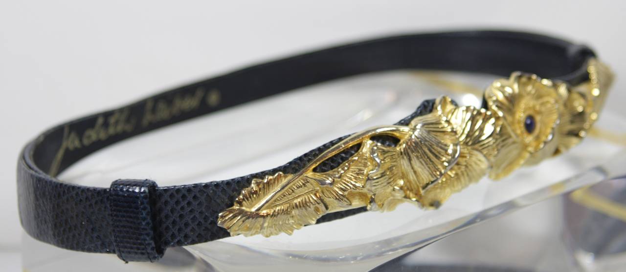 Women's Judith Leiber Navy Lizard Skin Belt with Gold Floral Buckle Adjustable