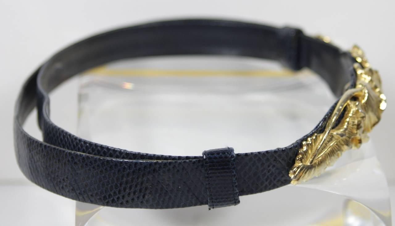 Judith Leiber Navy Lizard Skin Belt with Gold Floral Buckle Adjustable 1