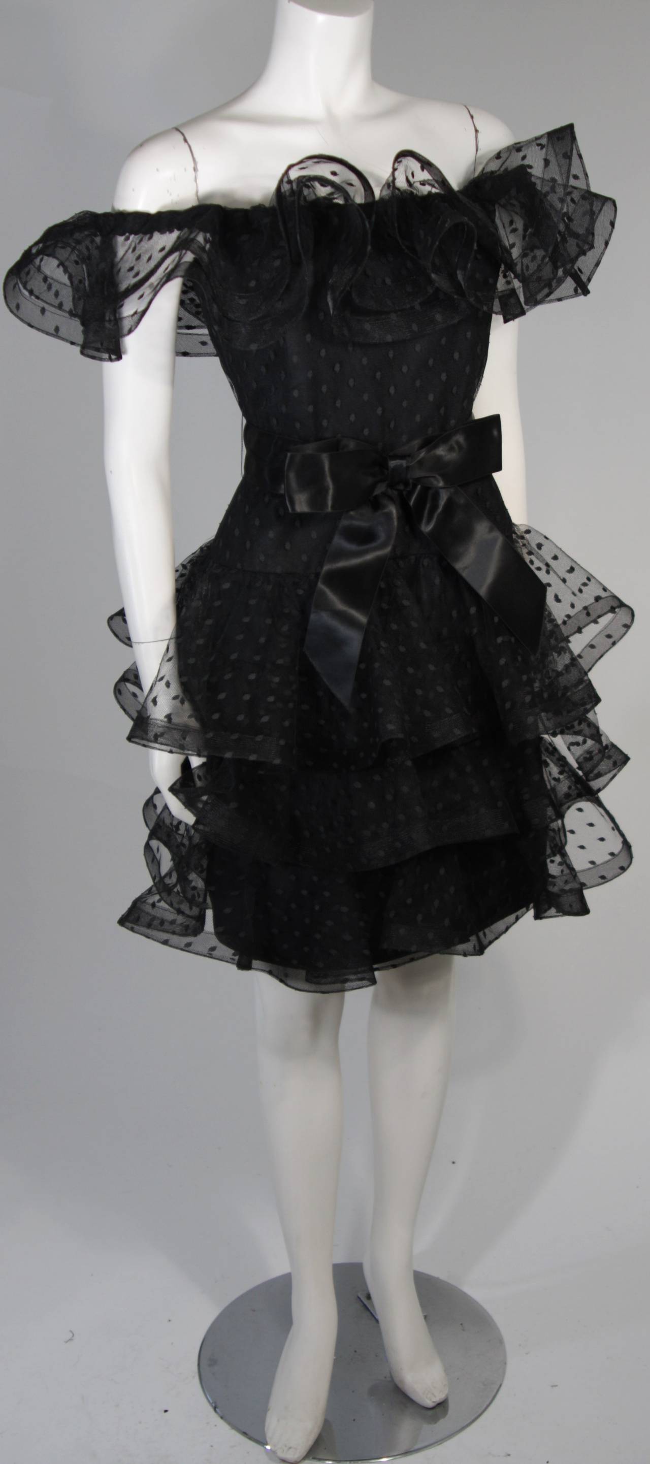 Victor Costa Black Cocktail Dress with Ruffled Horsehair Hemlines Size 2 In Excellent Condition For Sale In Los Angeles, CA