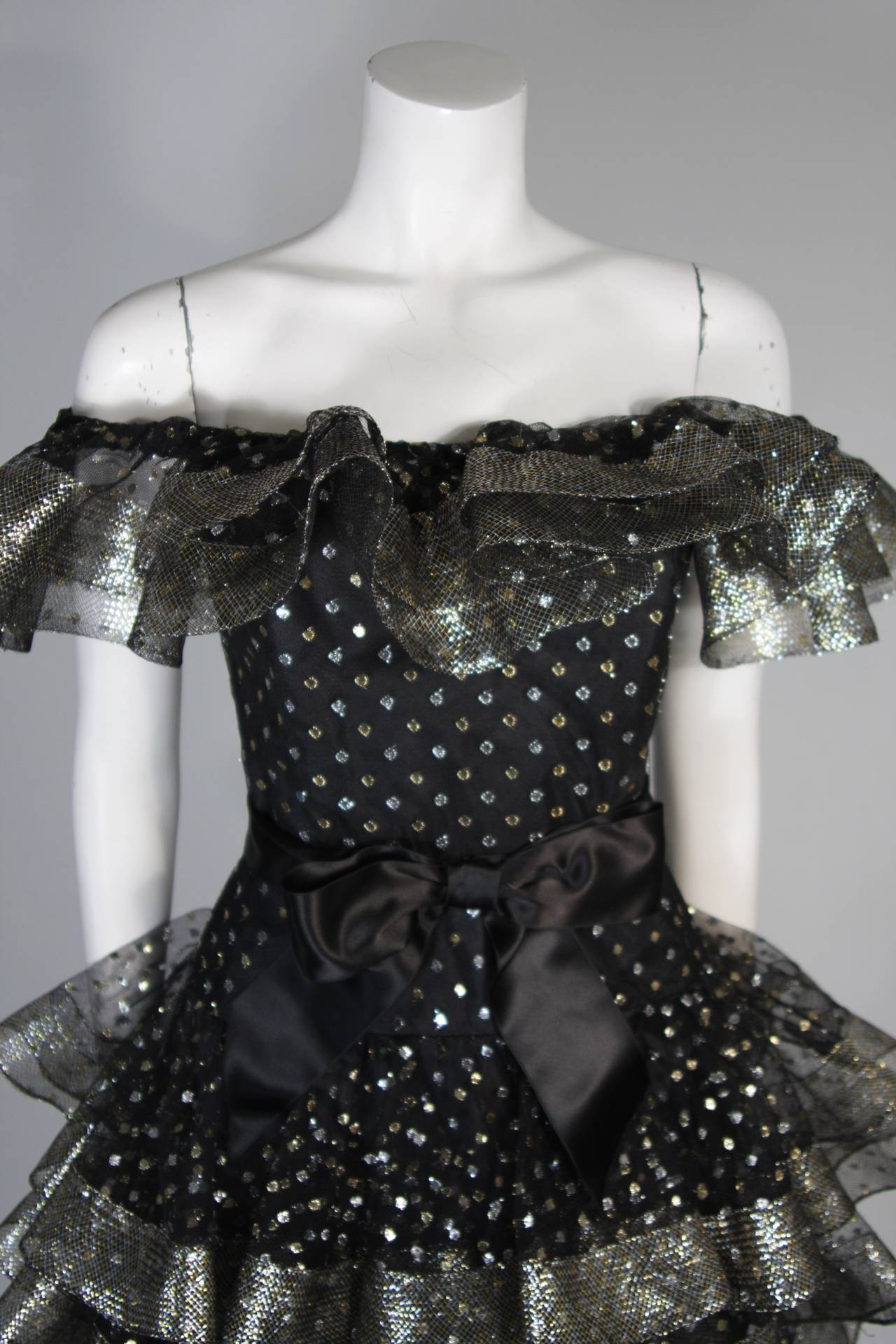 Victor Costa Black Ruffled Cocktail Dress with Silver and Gold Polka Dots Size 2 In Excellent Condition For Sale In Los Angeles, CA