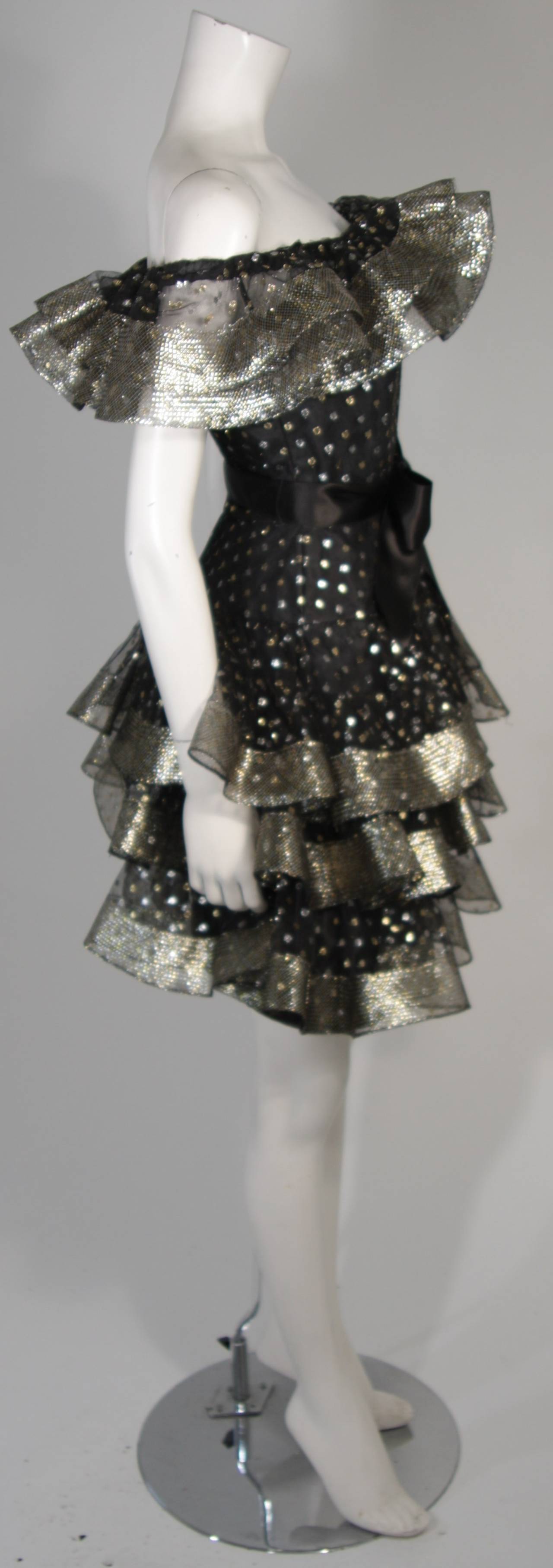 Victor Costa Black Ruffled Cocktail Dress with Silver and Gold Polka Dots Size 2 For Sale 1