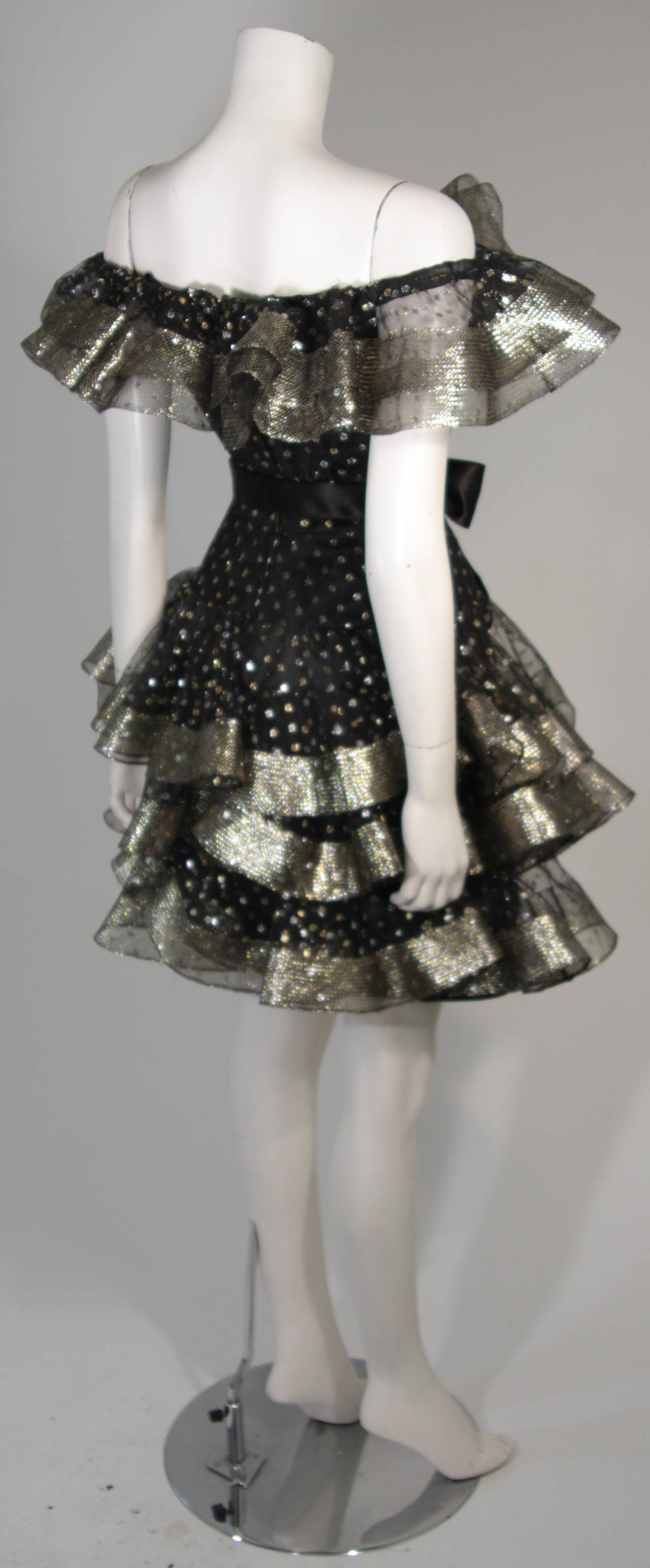 Victor Costa Black Ruffled Cocktail Dress with Silver and Gold Polka Dots Size 2 For Sale 2