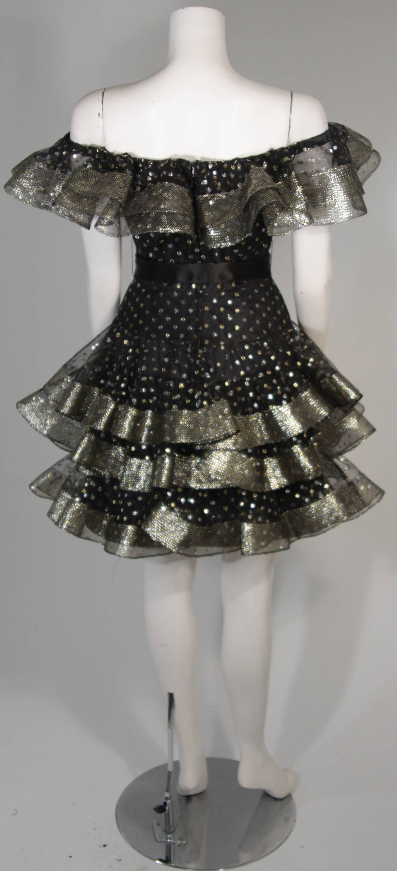 Victor Costa Black Ruffled Cocktail Dress with Silver and Gold Polka Dots Size 2 For Sale 3