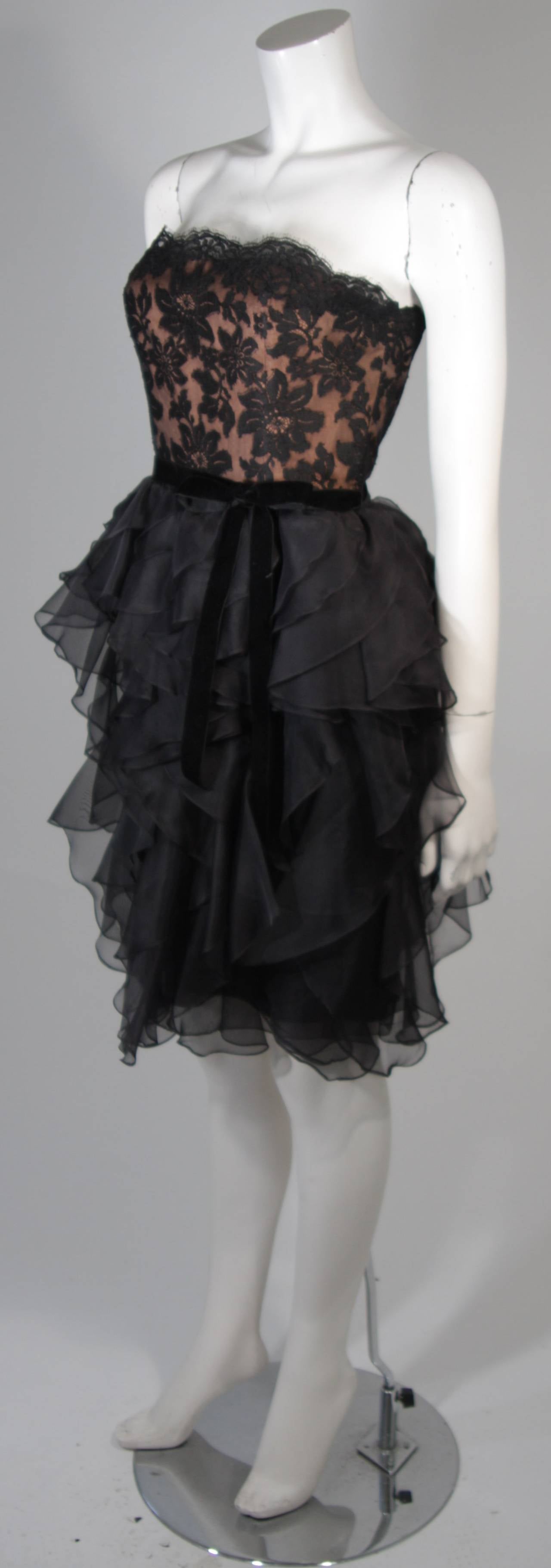 Jill Richards Black Lace Cocktail Dress with Layered Silk Skirt Size 6 In Excellent Condition For Sale In Los Angeles, CA