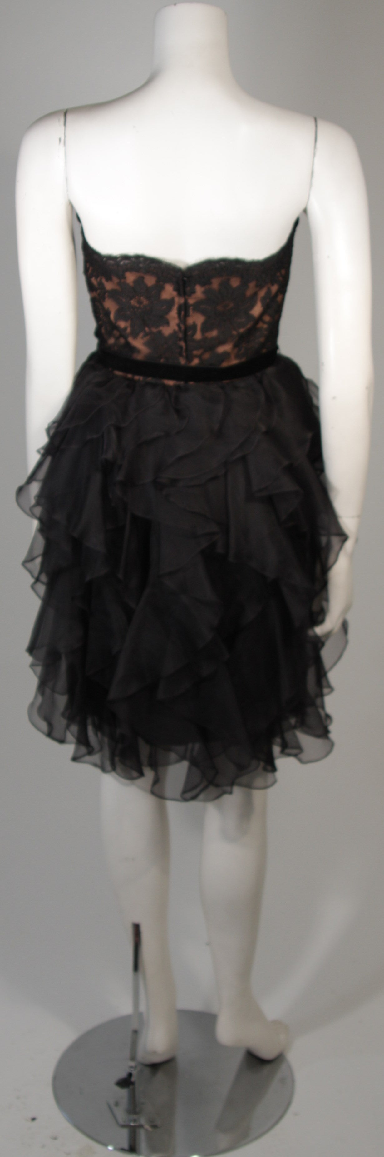 Jill Richards Black Lace Cocktail Dress with Layered Silk Skirt Size 6 For Sale 3