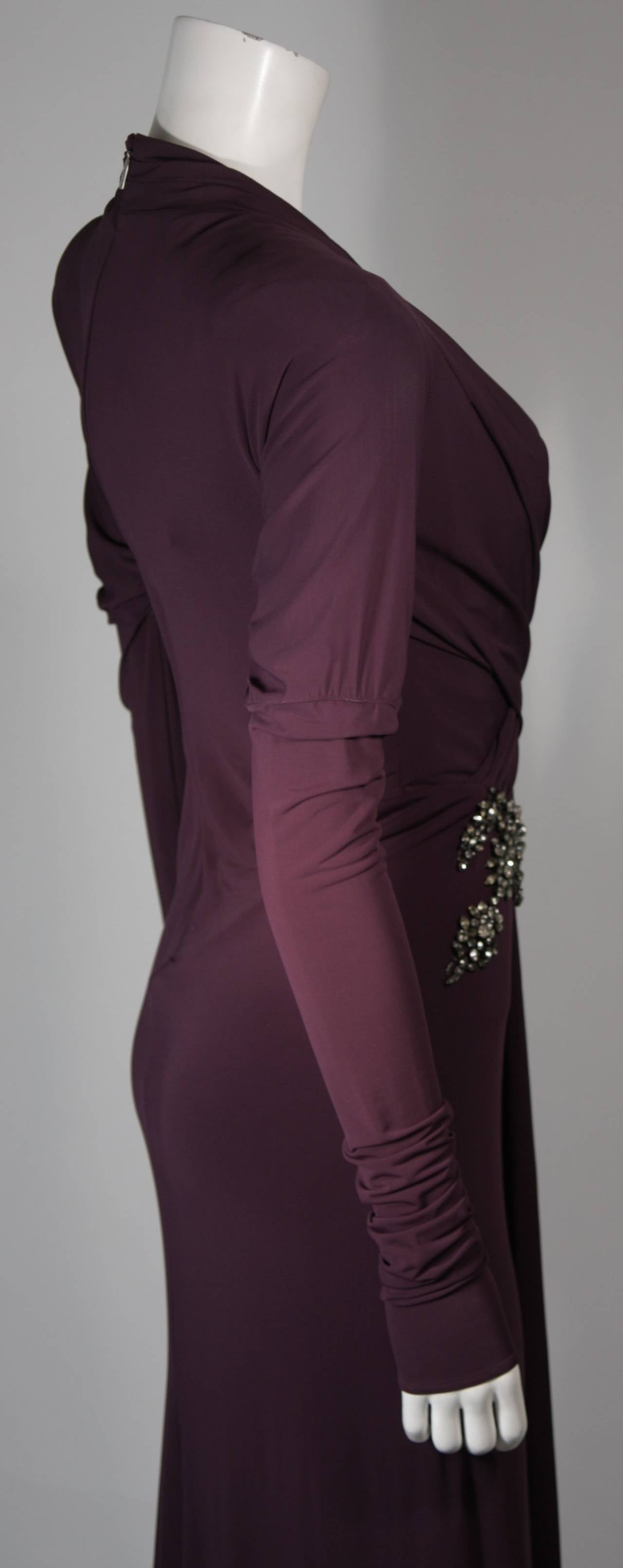 Roberto Cavalli Aubergine Long Sleeve Jersey Gown with Embellishments Size 40 In New Condition For Sale In Los Angeles, CA