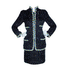 Chanel Black 2 piece Confetti Wool with Floral Beading Skirt Suit Circa 1980's