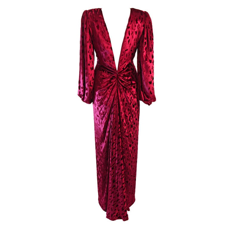 Oscar De La Renta Deep Plunge Cranberry Velvet Gown