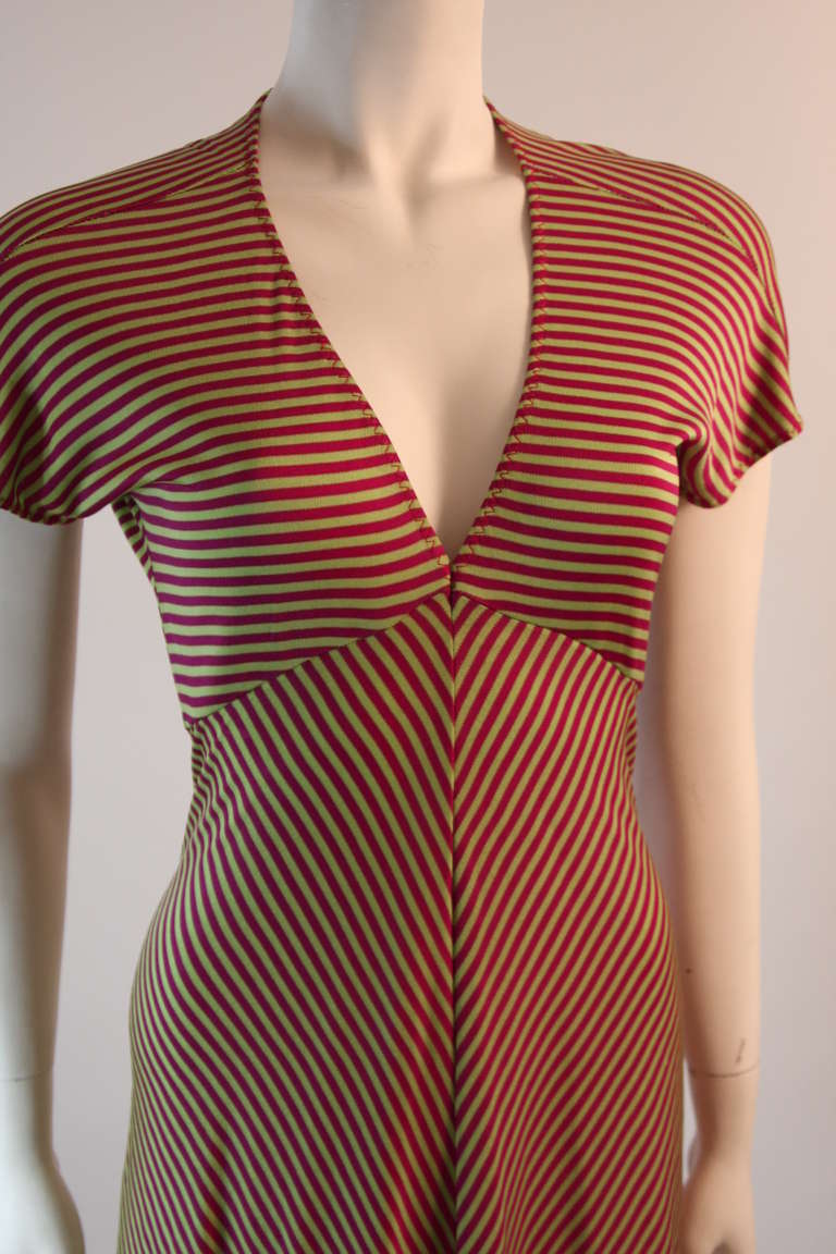 Brown Late 1970's Stephen Burrows V-neck Empire Waist Long Striped Jersey Dress