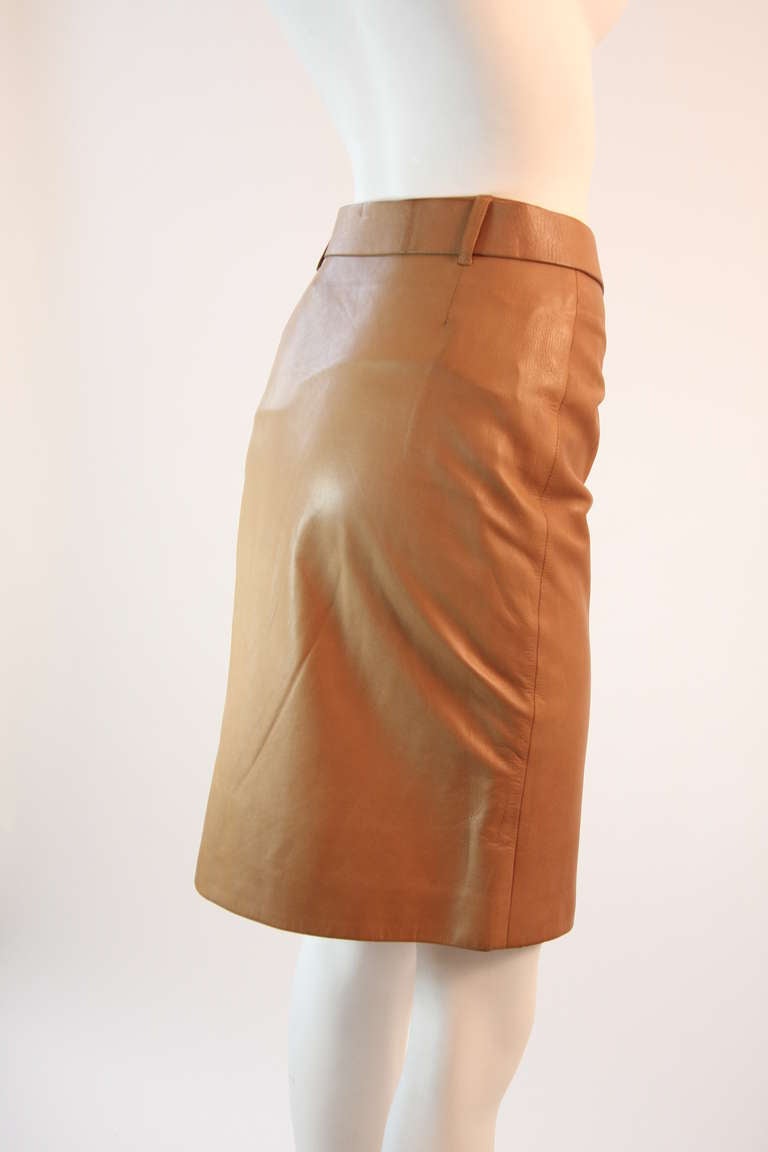Women's Prada self-belted Caramel Leather Skirt with silver buckle Size 38