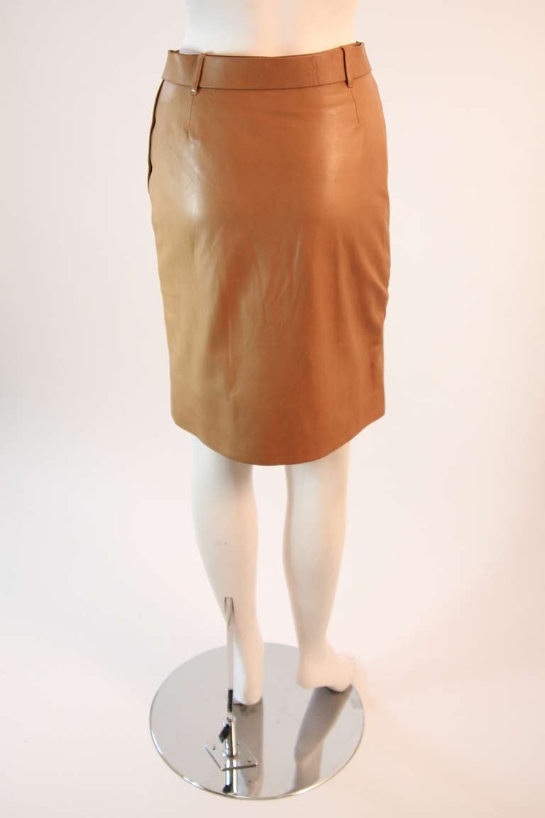 Prada self-belted Caramel Leather Skirt with silver buckle Size 38 1