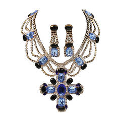 Vintage Bijoux M.G. Czech Rhinestone Sapphire Bib Necklace and Earring set