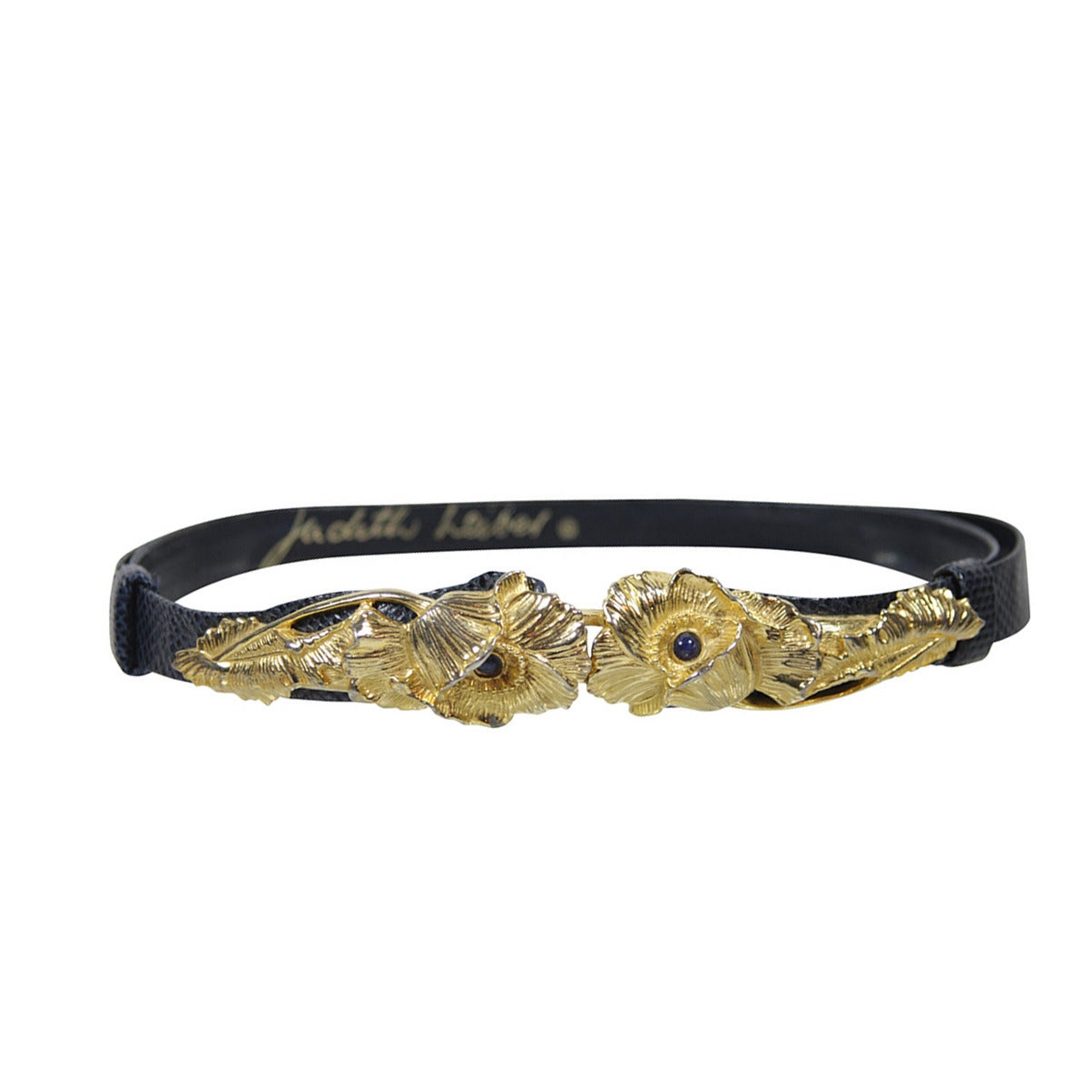 Judith Leiber Navy Lizard Skin Belt with Gold Floral Buckle Adjustable