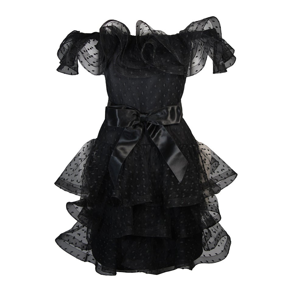 Victor Costa Black Cocktail Dress with Ruffled Horsehair Hemlines Size 2 For Sale