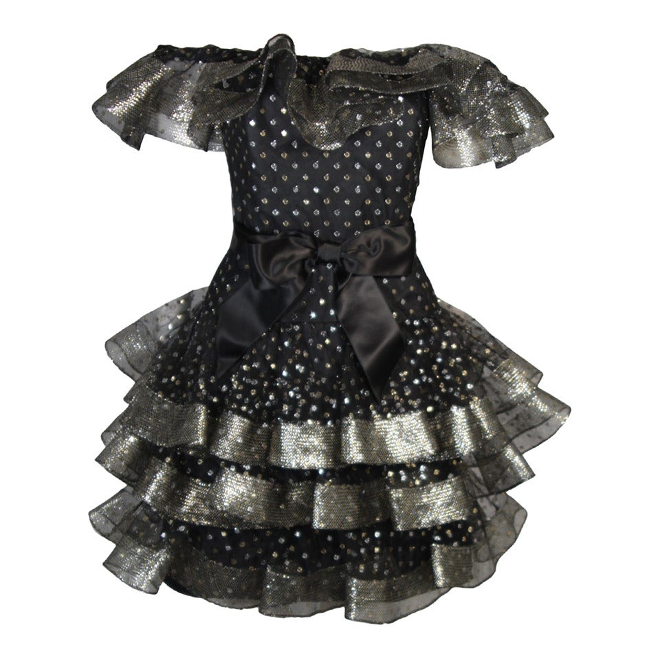 Victor Costa Black Ruffled Cocktail Dress with Silver and Gold Polka Dots Size 2 For Sale