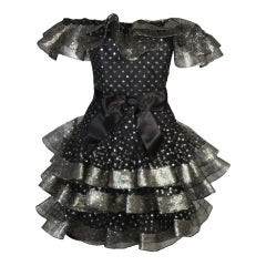 Vintage Victor Costa Black Ruffled Cocktail Dress with Silver and Gold Polka Dots Size 2