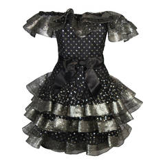 Victor Costa Black Ruffled Cocktail Dress with Silver and Gold Polka Dots Size 2 12