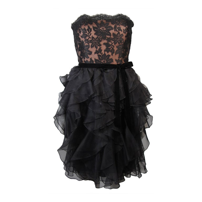 Jill Richards Black Lace Cocktail Dress With Layered Silk Skirt Size 6