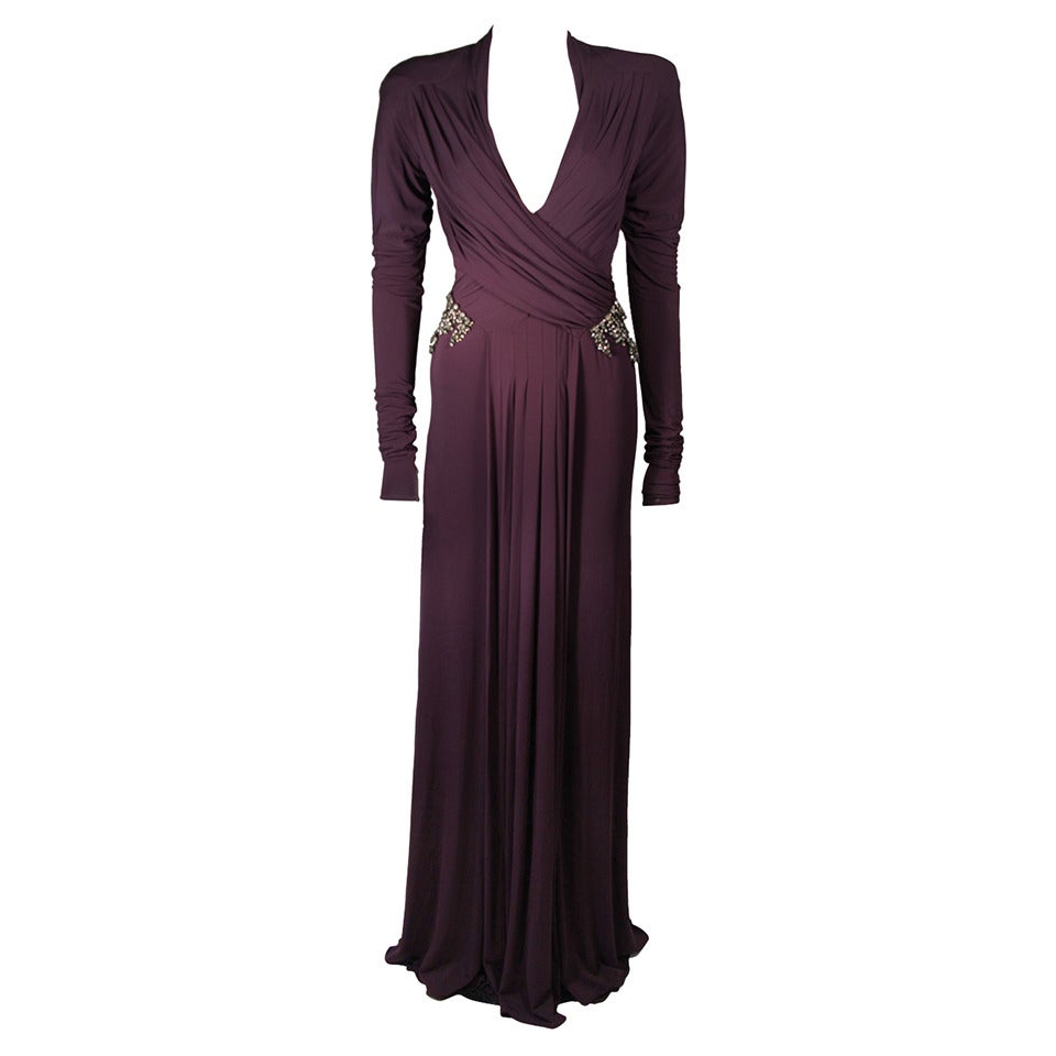 Roberto Cavalli Aubergine Long Sleeve Jersey Gown with Embellishments ...