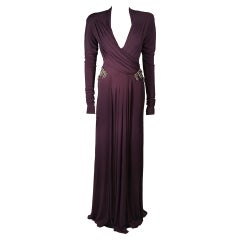 Roberto Cavalli Aubergine Long Sleeve Jersey Gown with Embellishments Size 40
