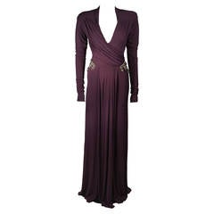 Roberto Cavalli Aubergine Long Sleeve Jersey Gown with Embellishments Size 40 6