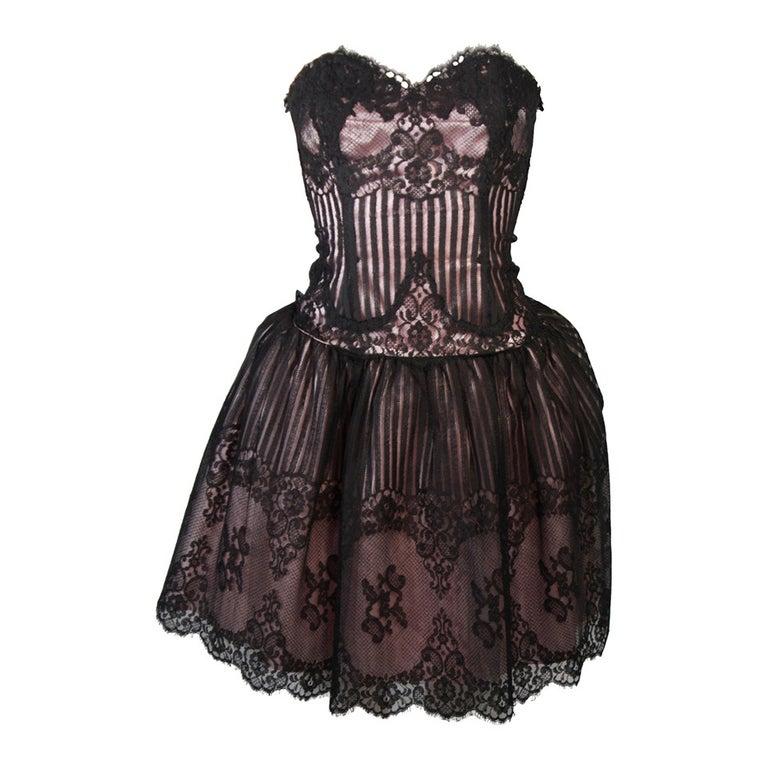 Victor Costa Strapless Black Lace Cocktail Dress With Pink Satin Size 40