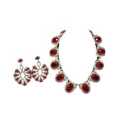 Vintage Kenneth Jay Lane Dramatic Red Rhinestone Bib Necklace and Earring Set