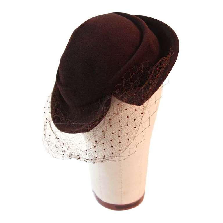 Hattie Carnegie Brown Fur Felt Split Brim Hat For Sale