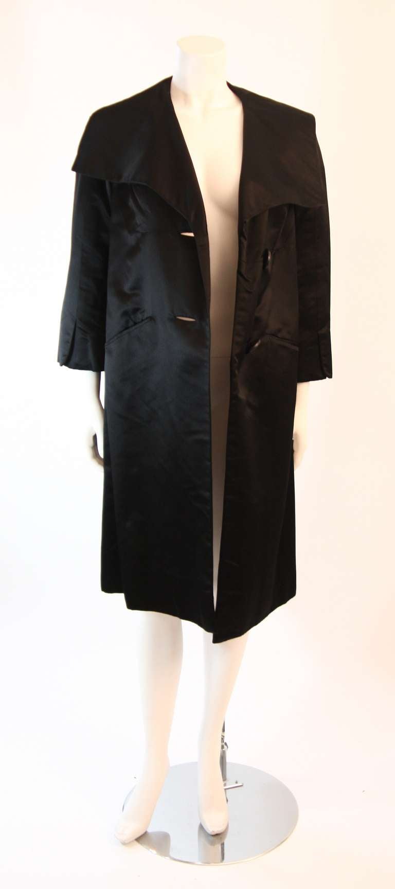 Superb 1960's Galanos Black Satin Opera Coat For Sale 1