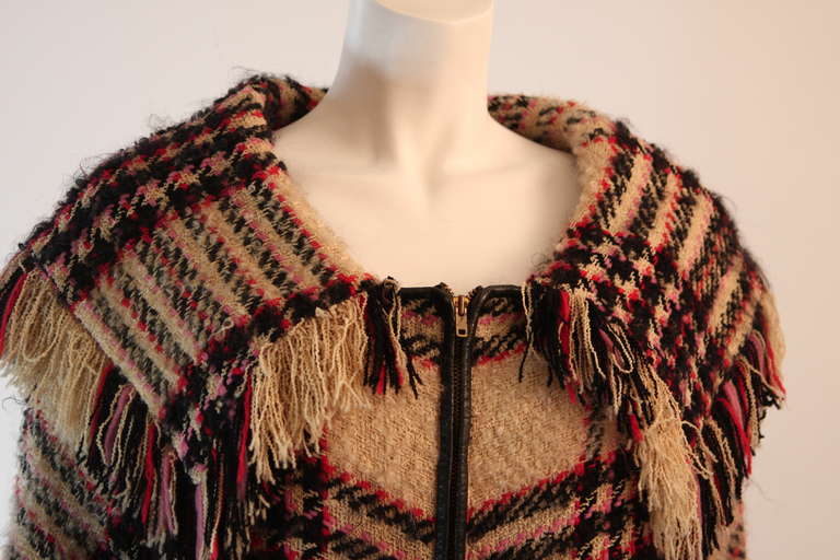 Brown Bonnie Cashin Plaid Multi-Color Wool Coat with Leather Trim