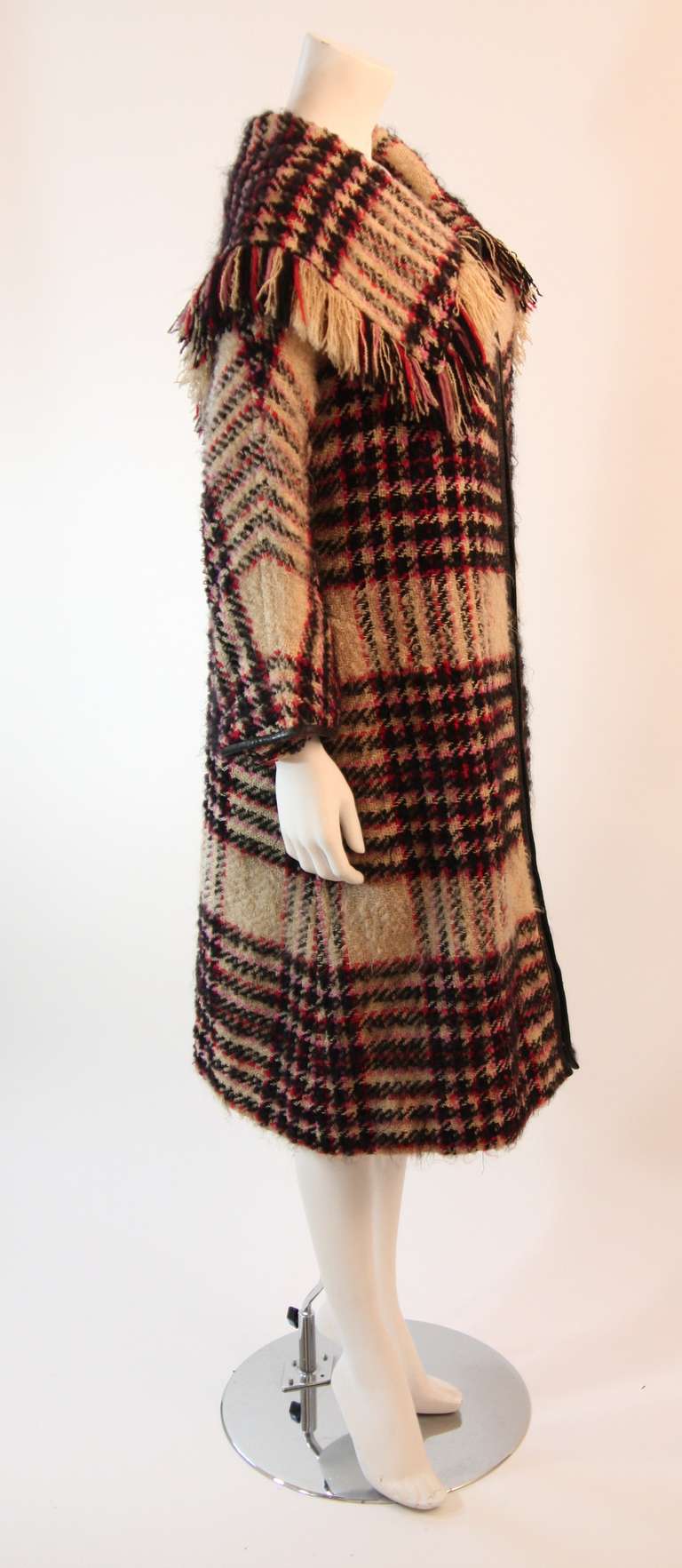 Bonnie Cashin Plaid Multi-Color Wool Coat with Leather Trim In Excellent Condition In Los Angeles, CA