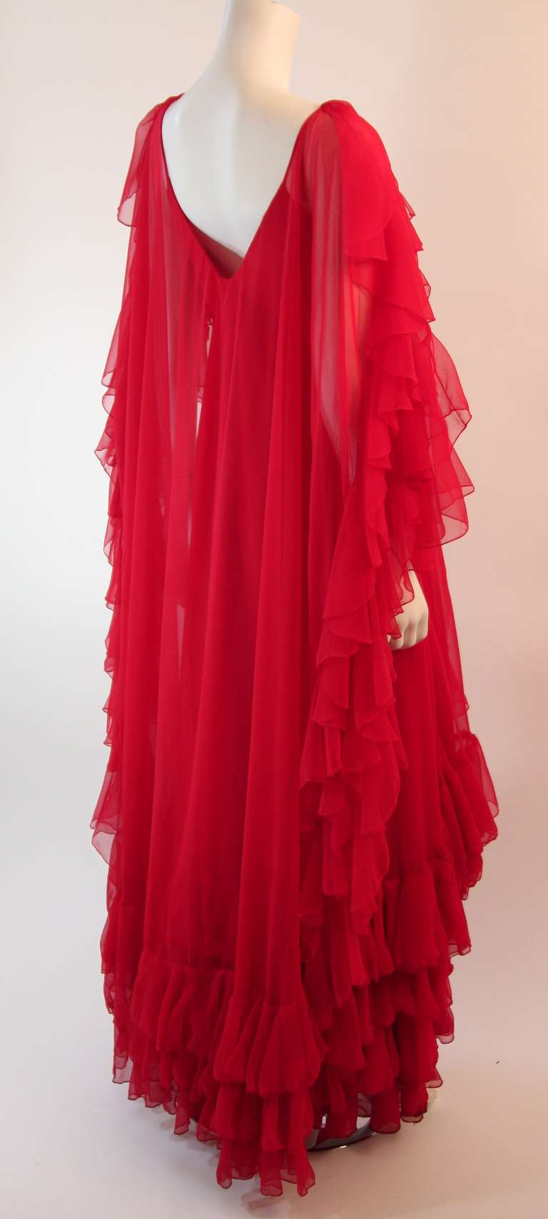 Ruben Panis Red Chiffon Ruffle Gown Property of Magda Gabor, sister of Zsa Zsa In Good Condition For Sale In Los Angeles, CA