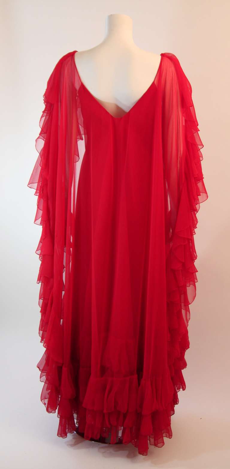 Women's Ruben Panis Red Chiffon Ruffle Gown Property of Magda Gabor, sister of Zsa Zsa For Sale