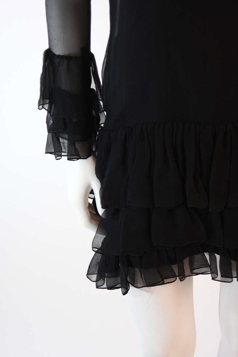 Pauline Trigere 2pc Black Chiffon Dress Size S In Excellent Condition For Sale In Los Angeles, CA
