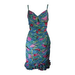 Ungaro Tropical Print Silk Cocktaili Dress with Bird Motif Size 8