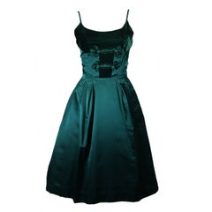 Vintage Oleg Cassini Emerald Silk and Velvet Applique Dress Size Small