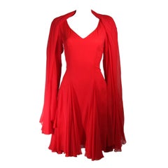 Travilla Red Silk Chiffon Godet Dress with Shawl Size Small Medium
