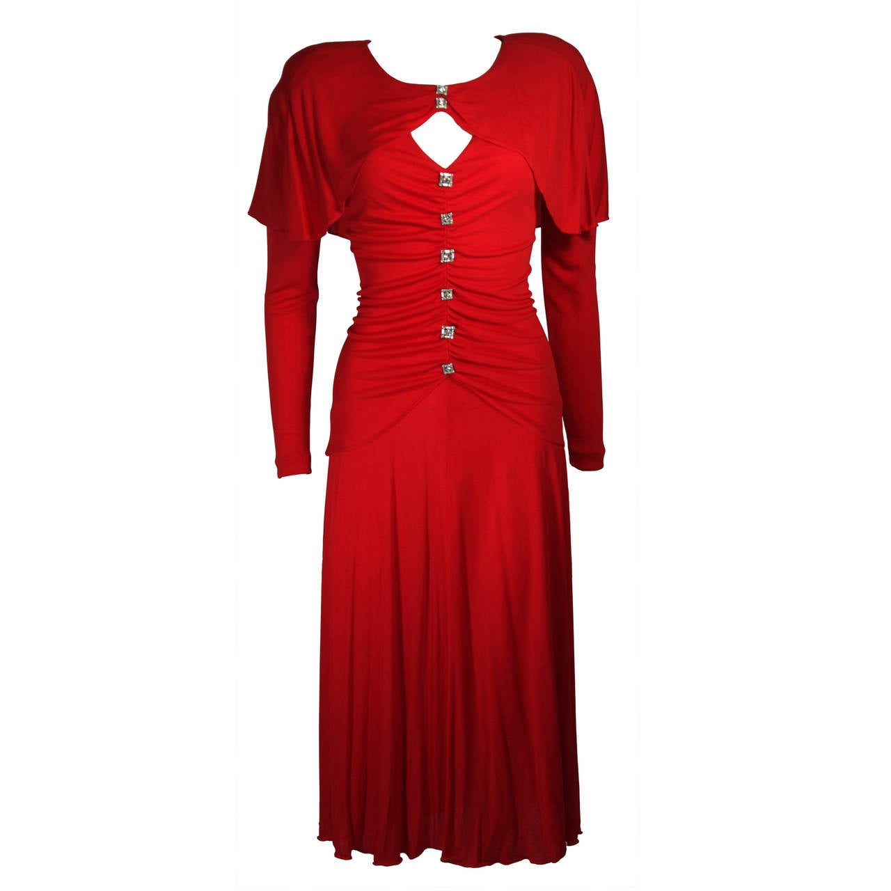 Holly Harp Red Jersey Long Sleeve Dress with Rhinestone Buttons Size Medium