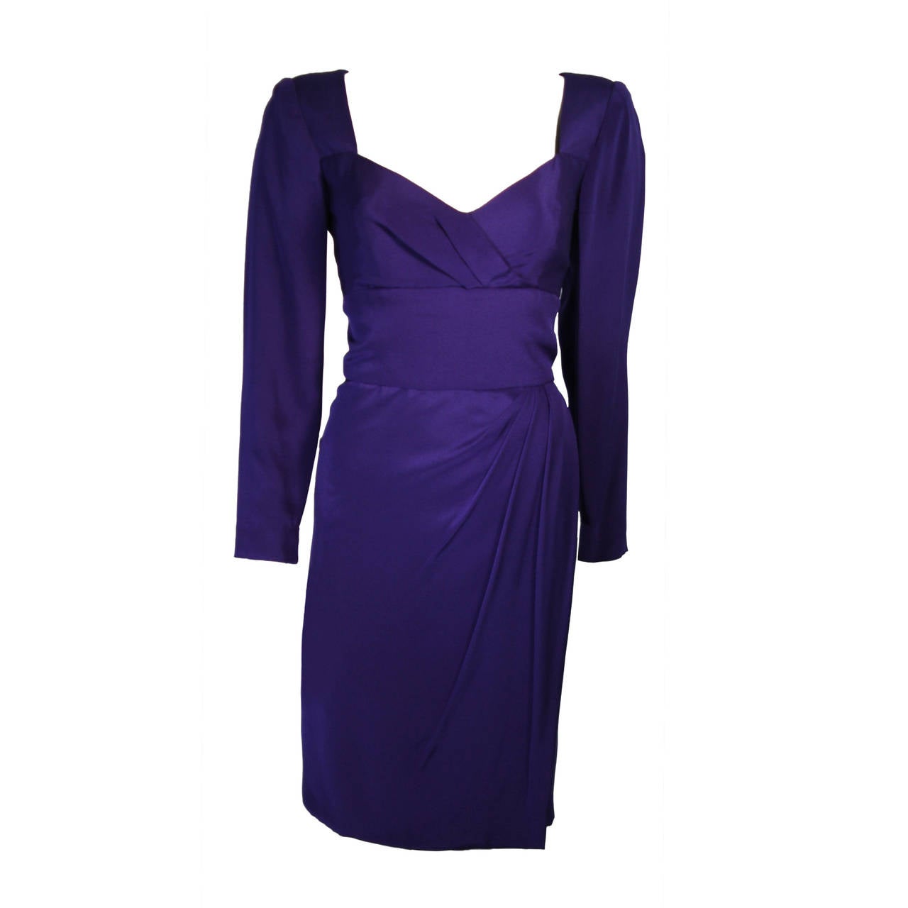 Travilla Purple Silk Long Sleeve Cocktail Dress with Draping Size 8 For ...