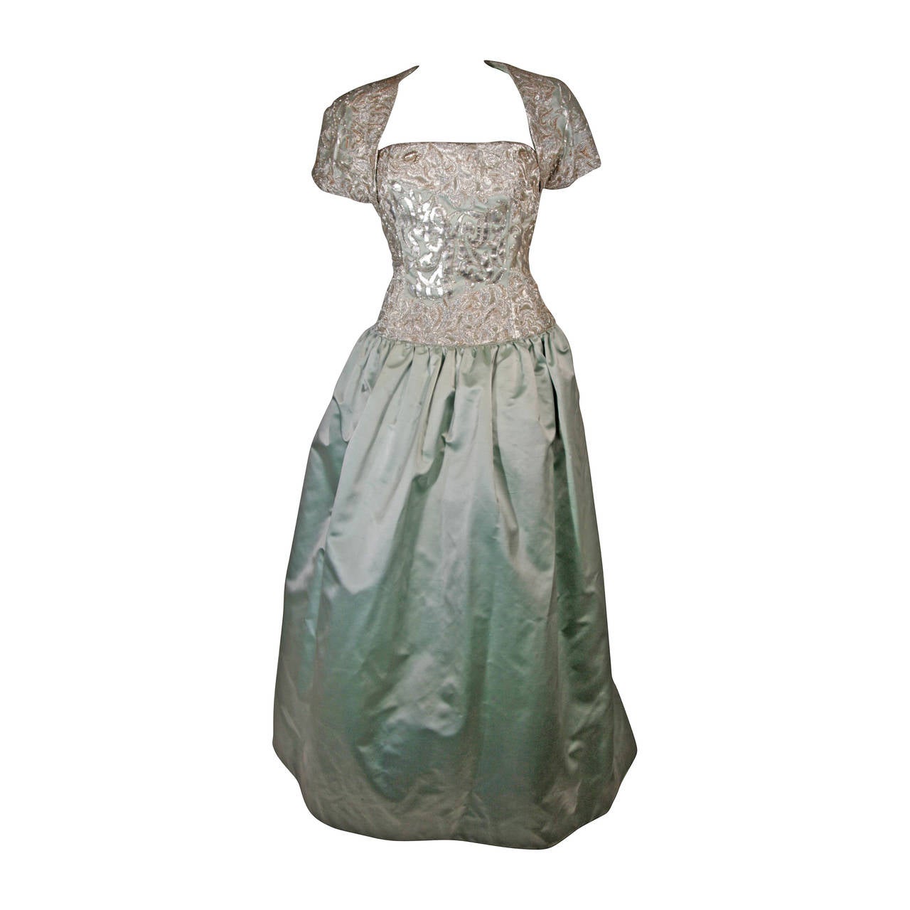 Oscar De La Renta Embellished Silk Aqua Evening Gown with Bolero Size 12