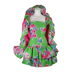 SCAASI Green Tropical Silk Cocktail Dress & Hot Pink Contrast Ruffle Wrap Size 4