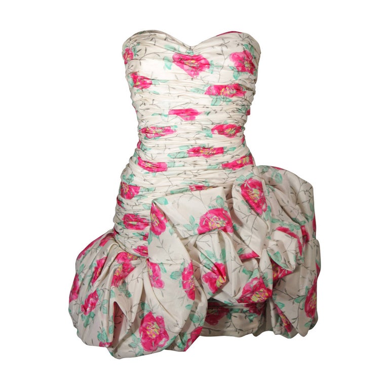 Ungaro White Silk Cocktail Dress with Pink and Green Floral Design Size ...