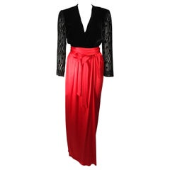 Adele Simpson Burnout Black Velvet and Red Silk Gown Size Small