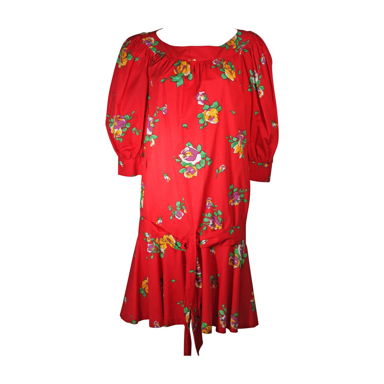 Yves Saint Laurent Red Cotton Drop Waist Dress with Floral Motif Size 36 For Sale