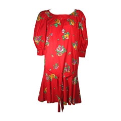 Vintage Yves Saint Laurent Red Cotton Drop Waist Dress with Floral Motif Size 36