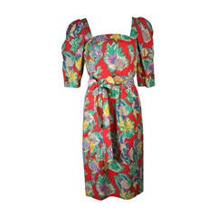 Yves Saint Laurent Red Cotton Belted Dress with Reef Life Pattern Size 38 2